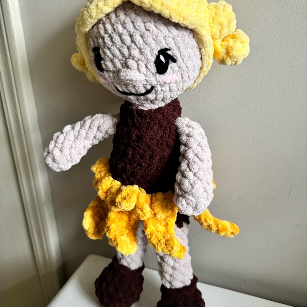 Crocheted Handmade Crochet Doll with Sunflower Yellow and Brown Outfit - Picture 4 of 6